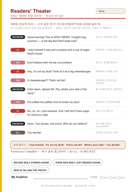 Readers' Theater 페이지 — 뉴스 인터뷰 대본을 완성해 함께 공연하는 페이지