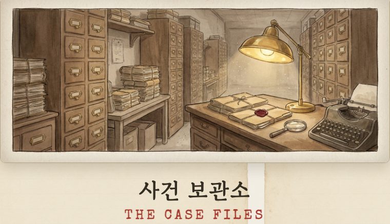 사건 보관소 방탈출 첫 화면 — 낡은 아카이브 서랍과 황동 램프가 있는 수채화 보관실